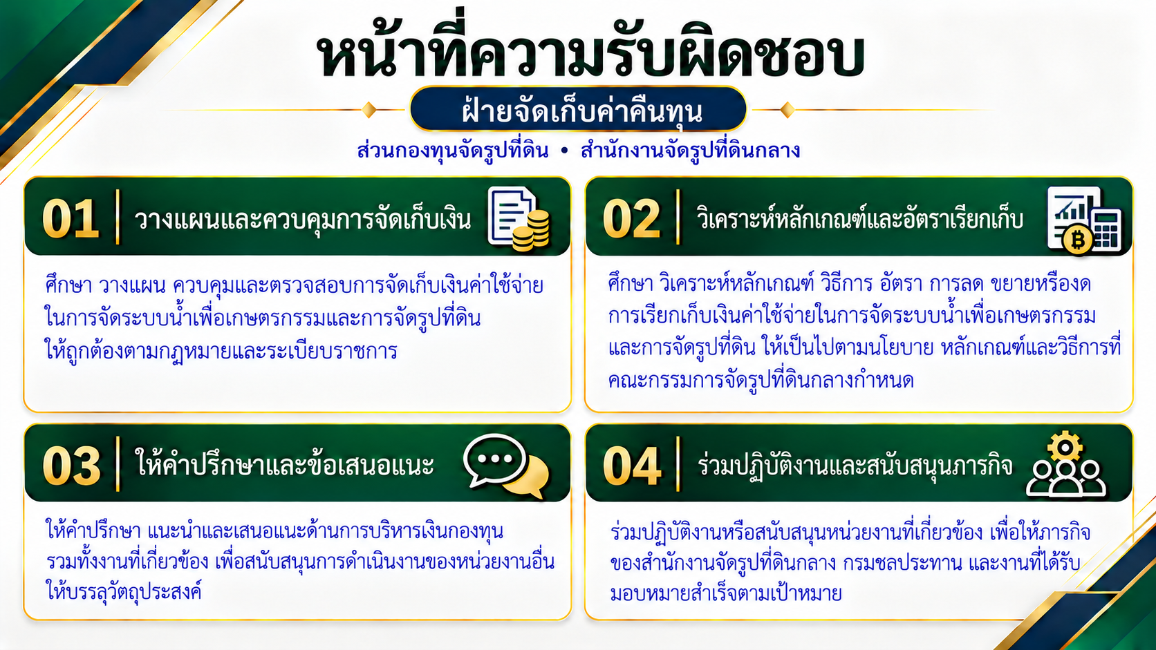 หน้าที่ความรับผิดชอบฝ่ายจัดเก็บค่าคืนทุน